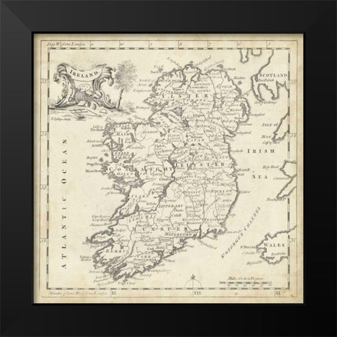Map of Ireland Black Modern Wood Framed Art Print by Jeffreys, T.