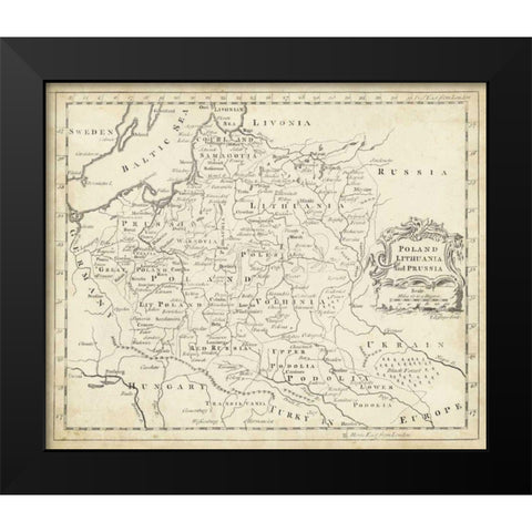 Map of Poland Black Modern Wood Framed Art Print by Jeffreys, T.