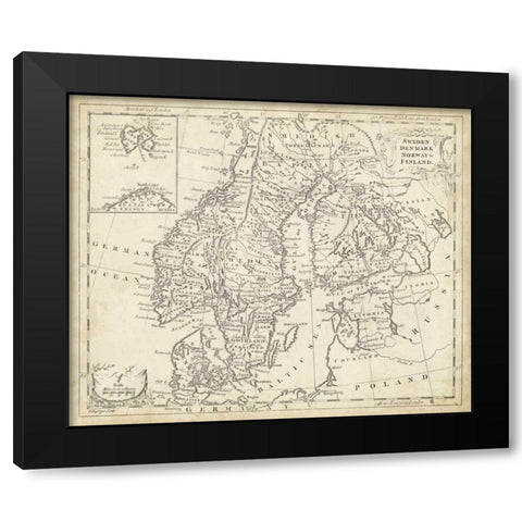 Map of Sweden and Denmark Black Modern Wood Framed Art Print with Double Matting by Jeffreys, T.