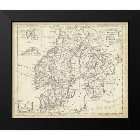 Map of Sweden and Denmark Black Modern Wood Framed Art Print by Jeffreys, T.