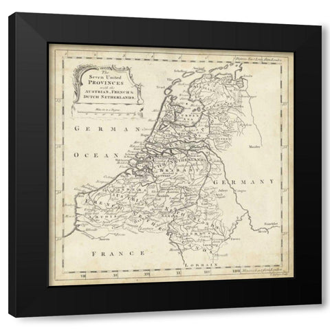 Map of Netherlands Black Modern Wood Framed Art Print by Jeffreys, T.