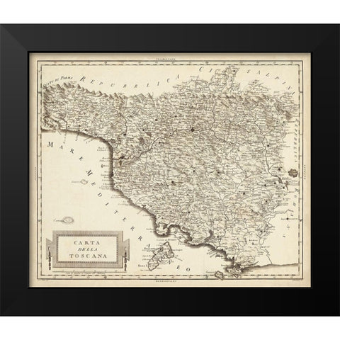 Antique Map of Tuscany Black Modern Wood Framed Art Print by Unknown