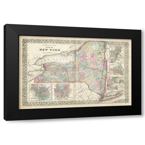 Johnsons Map of New York Black Modern Wood Framed Art Print with Double Matting by Johnson