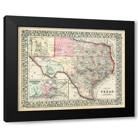Johnsons Map of Texas Black Modern Wood Framed Art Print by Johnson