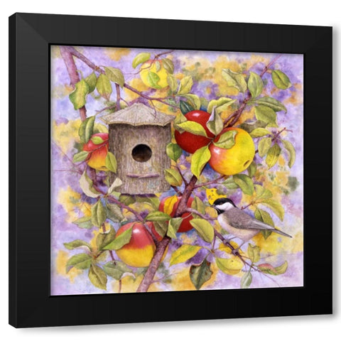 Chickadee and Apples Black Modern Wood Framed Art Print by Matcham, Marcia