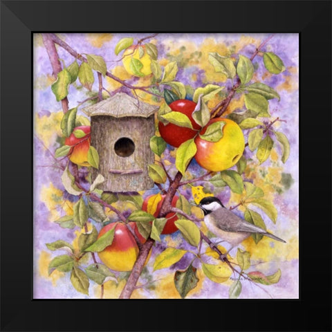 Chickadee and Apples Black Modern Wood Framed Art Print by Matcham, Marcia