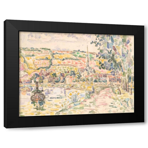 Petit Andely-The River Bank Black Modern Wood Framed Art Print by Signac, Paul