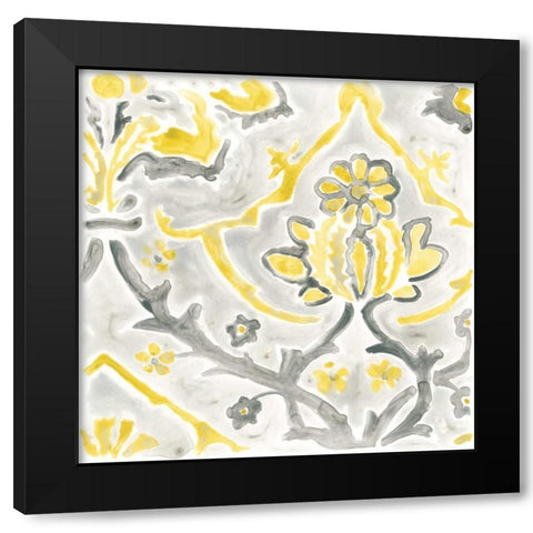 Citron Damask Tile I Black Modern Wood Framed Art Print by Vess, June Erica