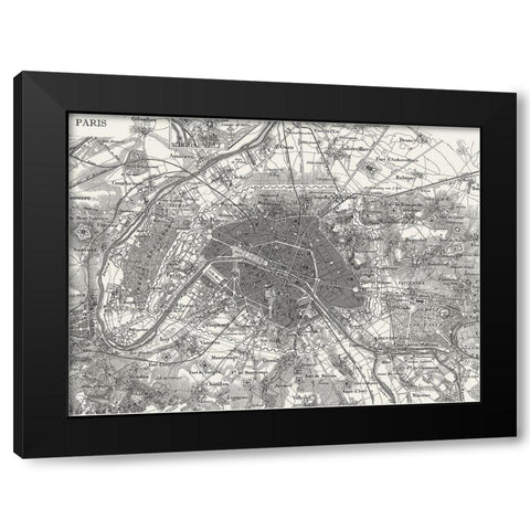 Custom B and W Map of Paris Black Modern Wood Framed Art Print by Vision Studio