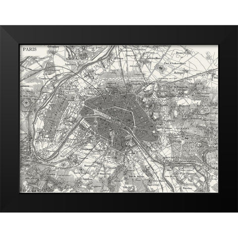Custom B and W Map of Paris Black Modern Wood Framed Art Print by Vision Studio