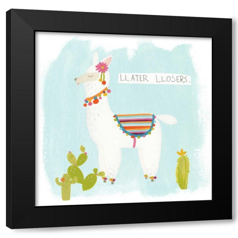 Pom Pom Llama Rama IV Black Modern Wood Framed Art Print by Vess, June Erica