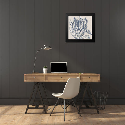 Indigo Floral on Linen I Black Modern Wood Framed Art Print by Vision Studio