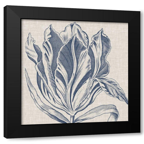Indigo Floral on Linen I Black Modern Wood Framed Art Print with Double Matting by Vision Studio