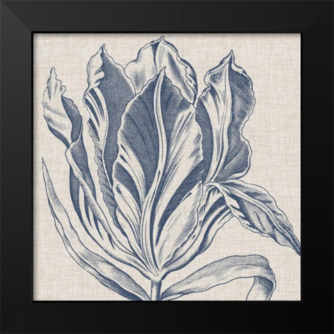 Indigo Floral on Linen I Black Modern Wood Framed Art Print by Vision Studio