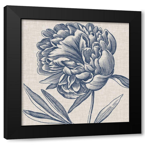 Indigo Floral on Linen II Black Modern Wood Framed Art Print by Vision Studio
