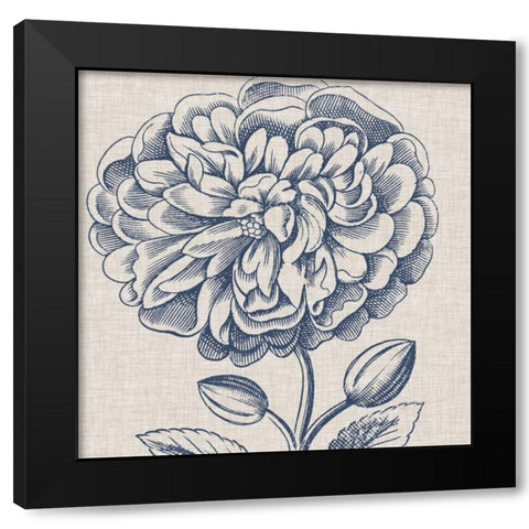 Indigo Floral on Linen III Black Modern Wood Framed Art Print by Vision Studio