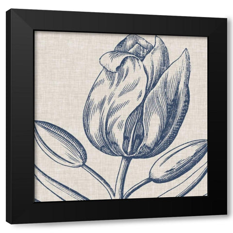Indigo Floral on Linen IV Black Modern Wood Framed Art Print by Vision Studio