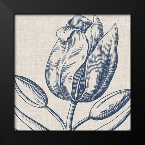 Indigo Floral on Linen IV Black Modern Wood Framed Art Print by Vision Studio