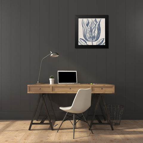 Indigo Floral on Linen VI Black Modern Wood Framed Art Print by Vision Studio