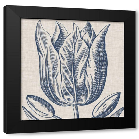 Indigo Floral on Linen VI Black Modern Wood Framed Art Print by Vision Studio