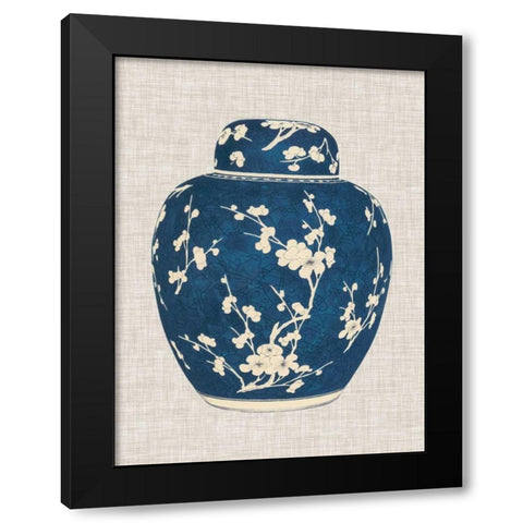 Blue and White Ginger Jar on Linen I Black Modern Wood Framed Art Print with Double Matting by Vision Studio