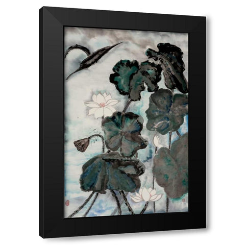 Lotus Study with Blue Green I Black Modern Wood Framed Art Print by Rae, Nan