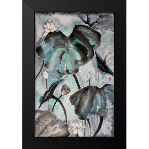 Lotus Study with Blue Green II Black Modern Wood Framed Art Print by Rae, Nan