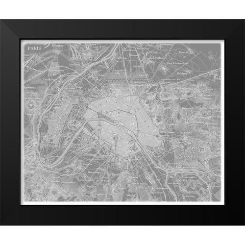 Custom Grey Map of Paris Black Modern Wood Framed Art Print by Vision Studio