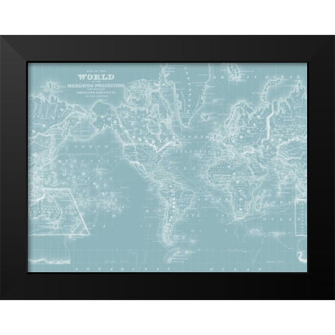 World Map on Aqua Black Modern Wood Framed Art Print by Mitchell