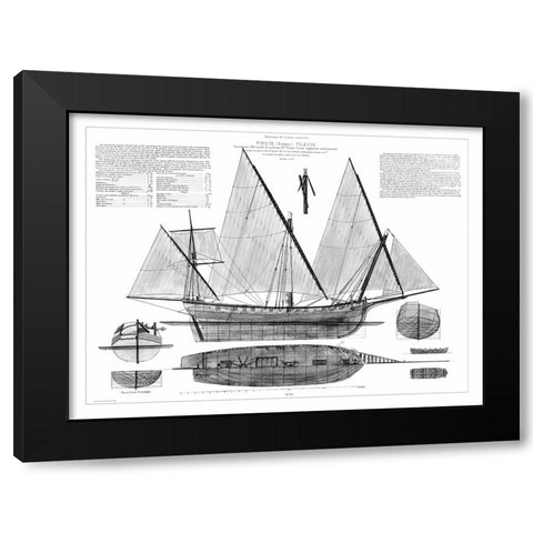 Custom Antique Ship Blueprint in BW III Black Modern Wood Framed Art Print with Double Matting by Vision Studio