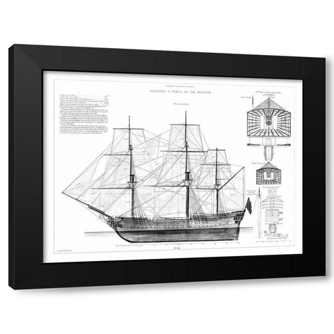 Custom Antique Ship Blueprint in BW IV Black Modern Wood Framed Art Print with Double Matting by Vision Studio