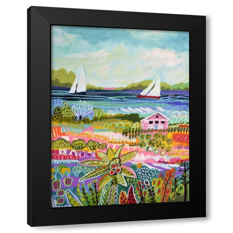 Two Sailboats and Cottage I Black Modern Wood Framed Art Print by Fields, Karen