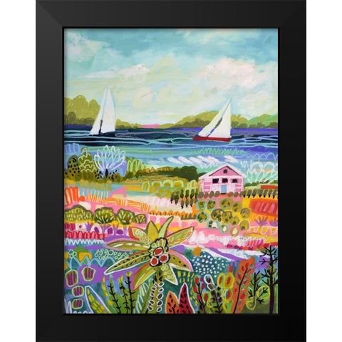 Two Sailboats and Cottage I Black Modern Wood Framed Art Print by Fields, Karen
