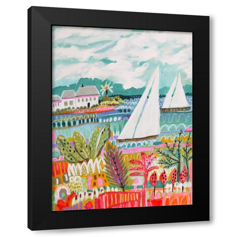 Two Sailboats and Cottage II Black Modern Wood Framed Art Print by Fields, Karen