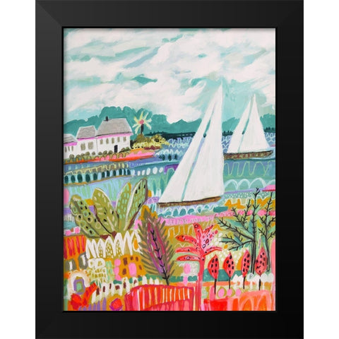 Two Sailboats and Cottage II Black Modern Wood Framed Art Print by Fields, Karen