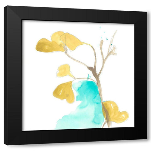 Teal and Ochre Ginko IX Black Modern Wood Framed Art Print by Vess, June Erica