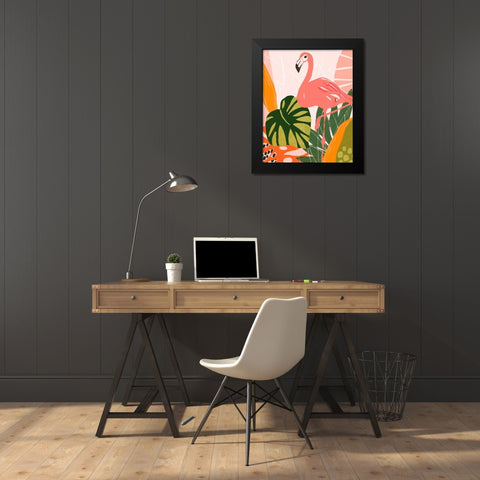 Jungle Flamingo I Black Modern Wood Framed Art Print by Vess, June Erica