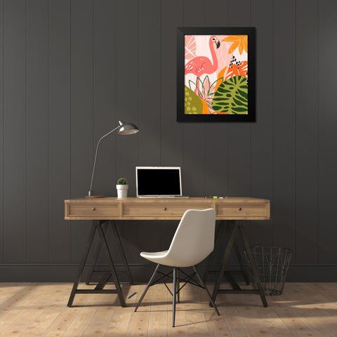 Jungle Flamingo II Black Modern Wood Framed Art Print by Vess, June Erica
