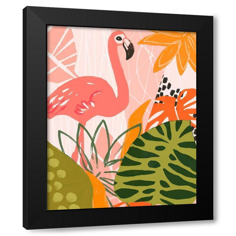 Jungle Flamingo II Black Modern Wood Framed Art Print by Vess, June Erica