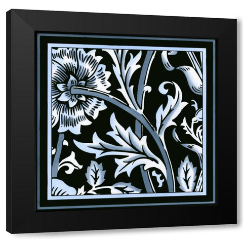 Blue and White Floral Motif IV Black Modern Wood Framed Art Print by Vision Studio