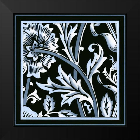 Blue and White Floral Motif IV Black Modern Wood Framed Art Print by Vision Studio