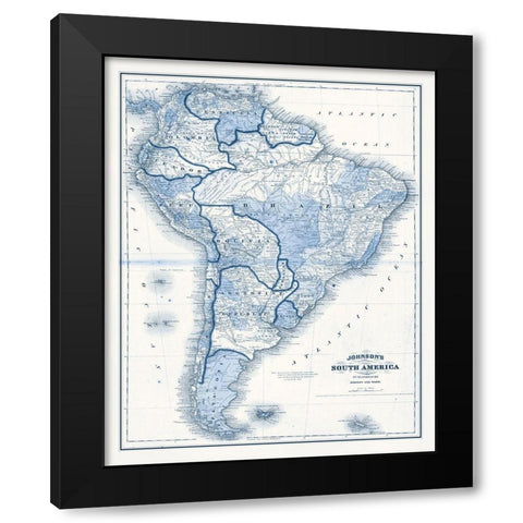South America in Shades of Blue Black Modern Wood Framed Art Print by Vision Studio