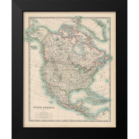 Johnstons Map of North America Black Modern Wood Framed Art Print by Johnston