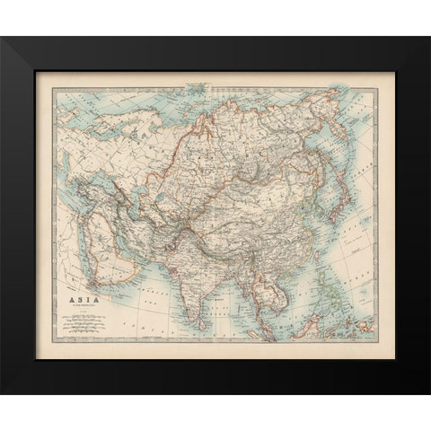Johnstons Map of Asia Black Modern Wood Framed Art Print by Johnston