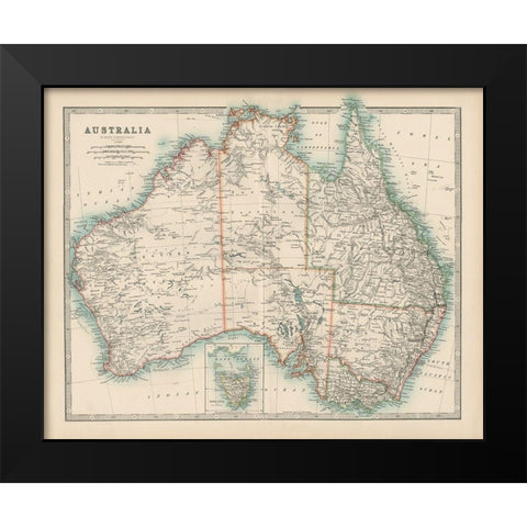 Johnstons Map of Australia Black Modern Wood Framed Art Print by Johnston