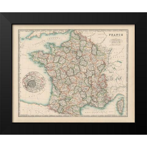 Johnstons Map of France Black Modern Wood Framed Art Print by Johnston