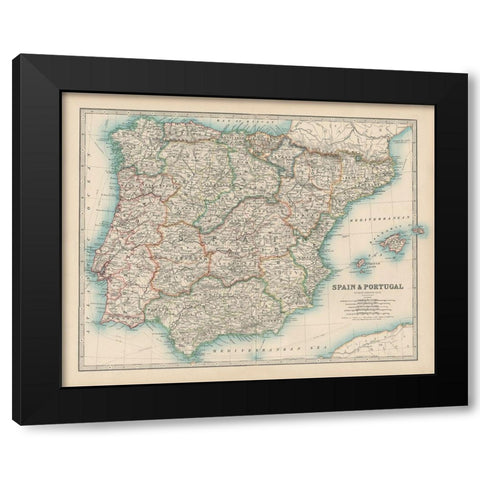 Johnstons Map of Spain and Portugal Black Modern Wood Framed Art Print by Johnston
