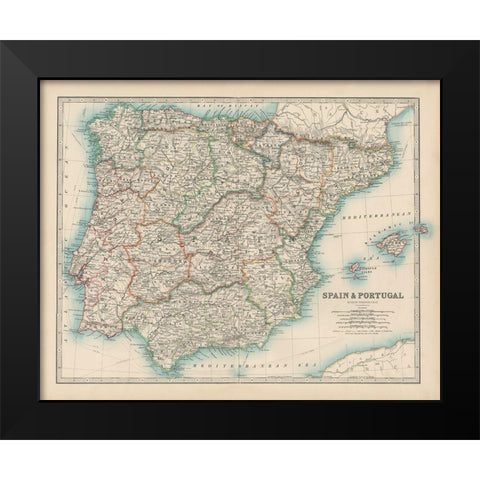 Johnstons Map of Spain and Portugal Black Modern Wood Framed Art Print by Johnston