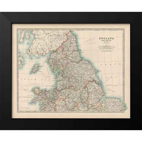 Johnstons Map of England and Wales Black Modern Wood Framed Art Print by Johnston