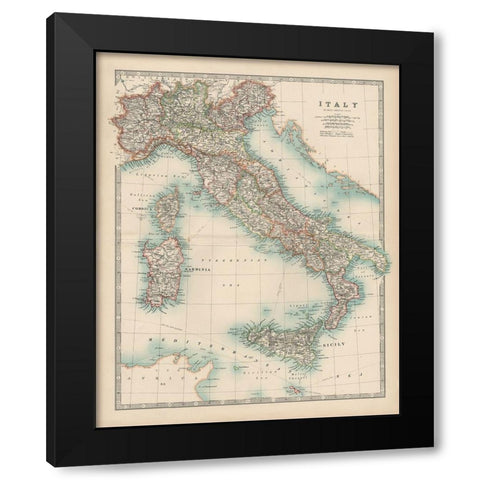 Johnstons Map of Italy Black Modern Wood Framed Art Print by Johnston
